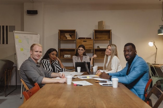 A diverse work team collaborating during a meeting.