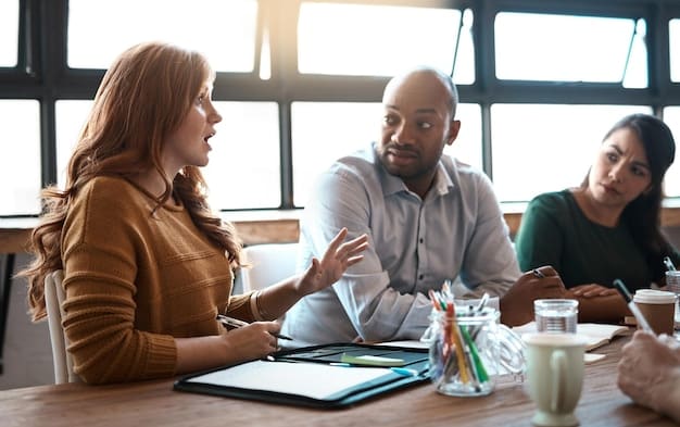 A medium shot of a manager conducting a team meeting in a modern office, with employees listening attentively and taking notes. The atmosphere is collaborative and professional.