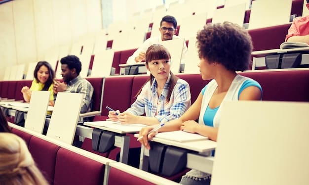A diverse group of high school students sitting in a college lecture hall, taking notes and listening attentively to the professor. This represents the inclusive nature of dual enrollment programs.
