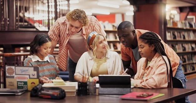 A diverse group of high school students studying together in a college library, surrounded by stacks of books and laptops. They're engaged in a collaborative learning environment, discussing notes and working on assignments. Sunlight streams through the large library windows, creating a bright and inspiring atmosphere.