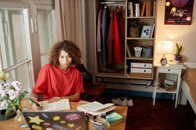 A young woman sitting at a desk in her dorm room, surrounded by textbooks and notes. She's smiling and looking directly at the camera, exuding confidence and determination. The room is cozy and personalized, with posters on the walls and a comfortable atmosphere.