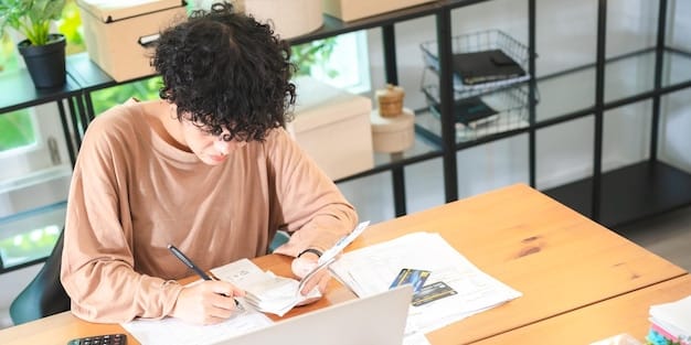 A student working on a college application essay at a desk, surrounded by books and notes, highlighting the importance of personal narratives in the admissions process.
