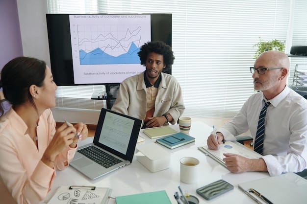 A diverse group of people discussing investment strategies around a table, with charts and graphs visible, representing collaboration and financial planning.