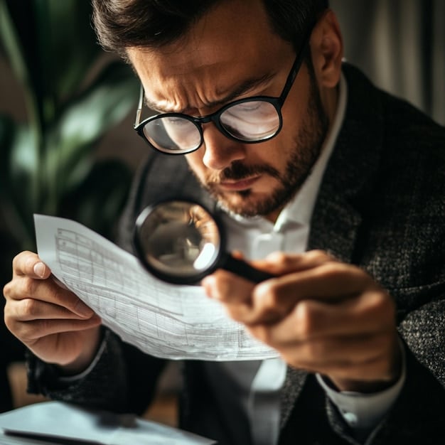 A person holding a magnifying glass over a stack of receipts and tax documents, symbolizing the importance of careful review and organization when claiming tax credits.
