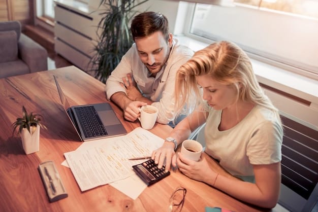 A family sitting at a table, reviewing tax documents with a calculator, symbolizing the careful calculation of tax credits.