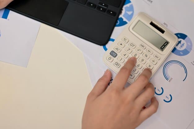 A close-up of a calculator with a hand inputting numbers, surrounded by documents related to Social Security benefits and financial planning. The image symbolizes the process of calculating and understanding the impact of COLA adjustments on retirement income.