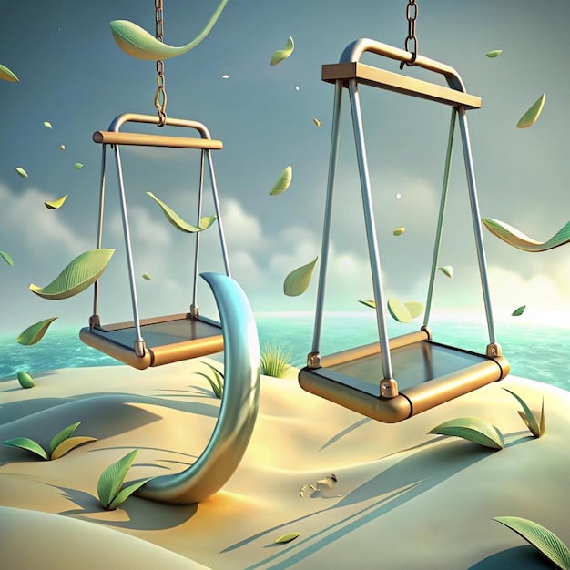 A digital rendering of a stylized seesaw, perfectly balanced, with the words 