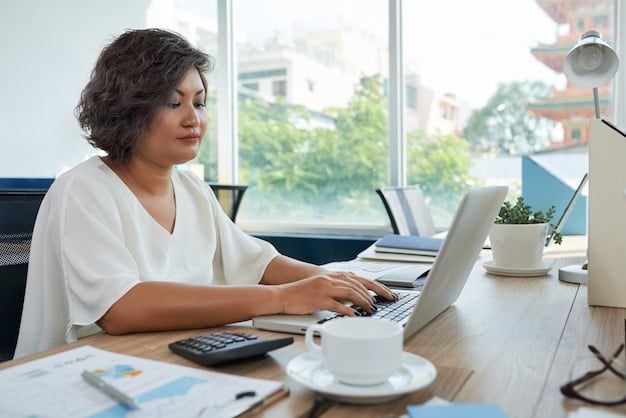 An individual happily calculating their tax refund, with a calculator, tax forms, and a laptop displaying a tax preparation software interface on a desk. The scene conveys a sense of financial relief and organization.