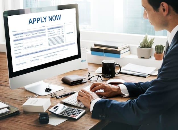 An image showing a person sitting at a computer, filling out an online application form for unemployment benefits, with the text 