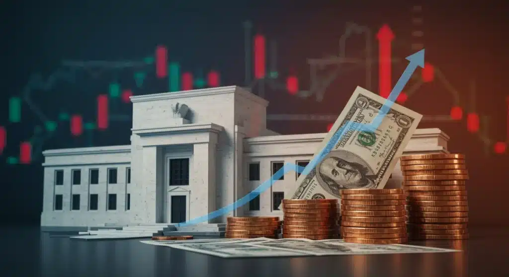 Federal Reserve building with upward arrows and savings, symbolizing protection against rate hikes and inflation.