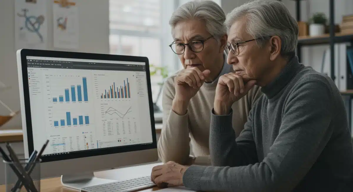 Senior couple reviewing Social Security financial charts on computer