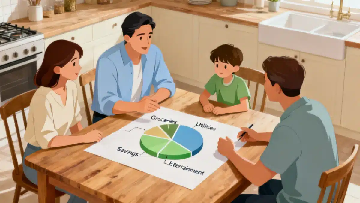 Family discussing financial decisions and expense categories at home, symbolizing collaborative budgeting.