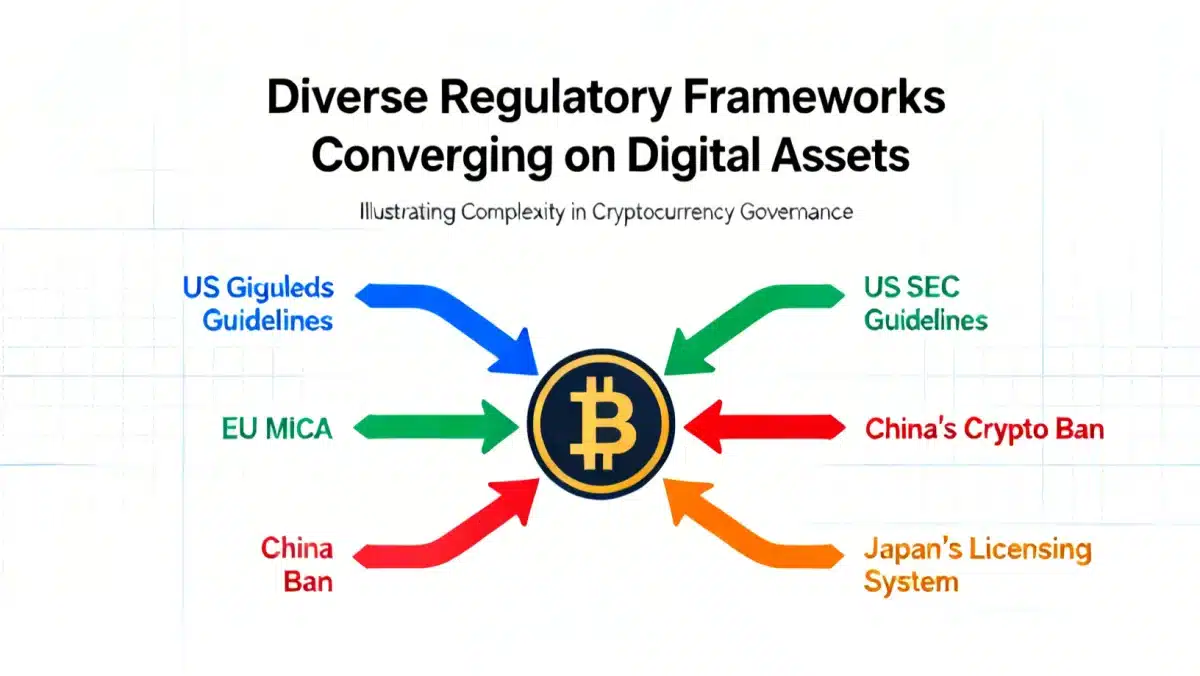 Complex web of converging regulatory frameworks impacting digital assets.