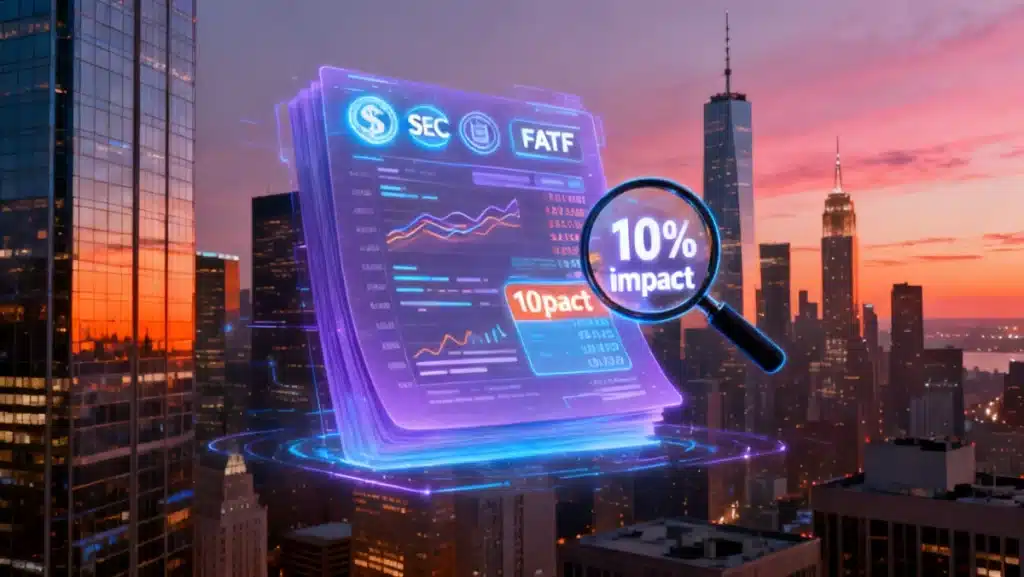 Futuristic digital ledger with cryptocurrency transactions and regulatory symbols, symbolizing 2026 policy impact.