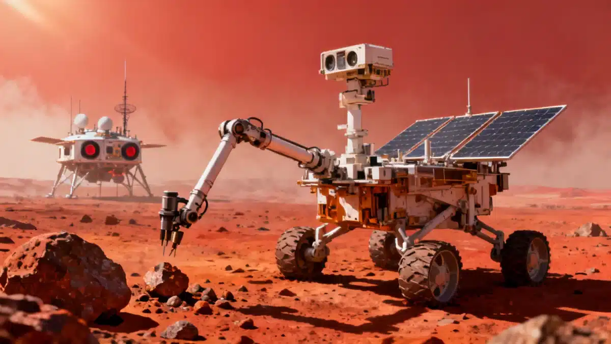 Conceptual Mars Sample Return mission showing rover collecting samples on Martian surface.