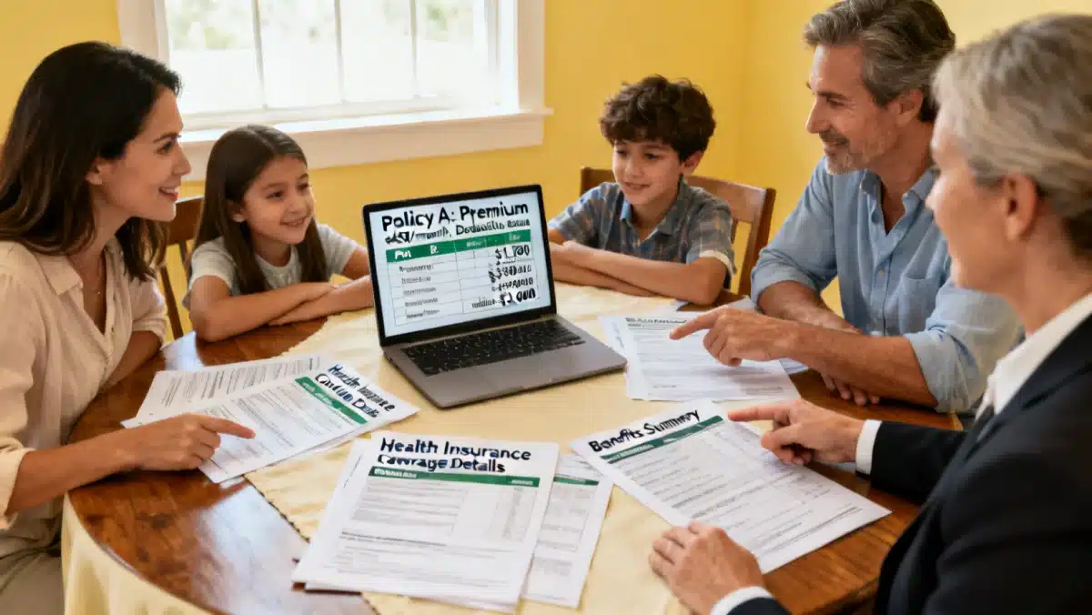 Family consulting a financial advisor about health insurance plans and healthcare budgeting for future medical expenses.
