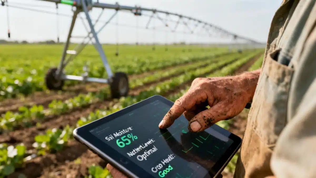 Farmer using a tablet for precision agriculture data analysis