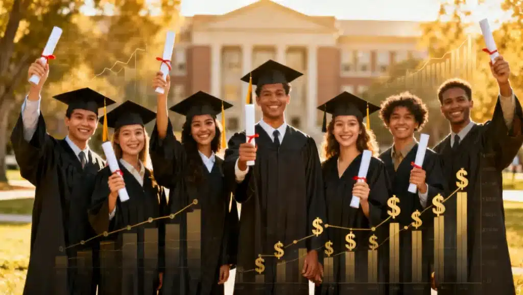 Graduates celebrating with diplomas and financial future charts