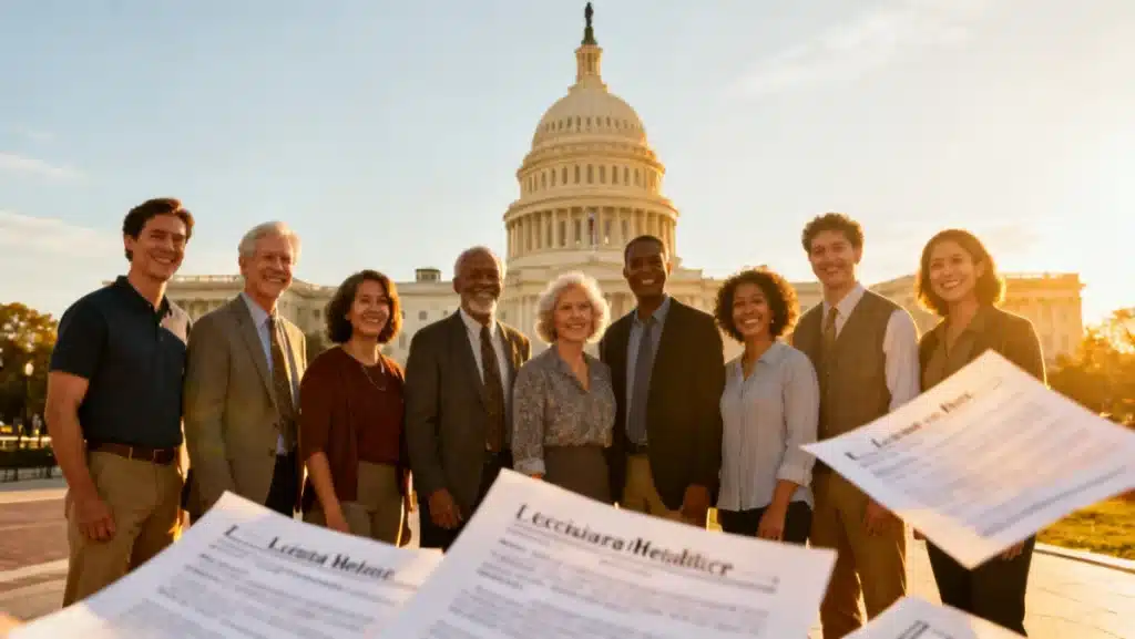 Diverse individuals symbolizing healthcare reform in front of US Capitol