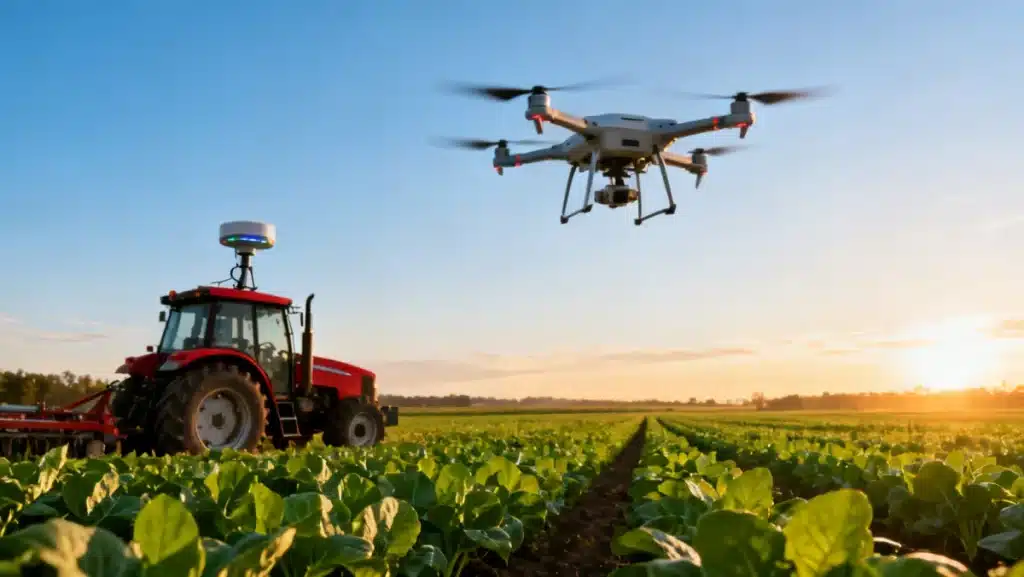 Sunrise over a high-tech farm with drones and sensors, illustrating advanced agriculture