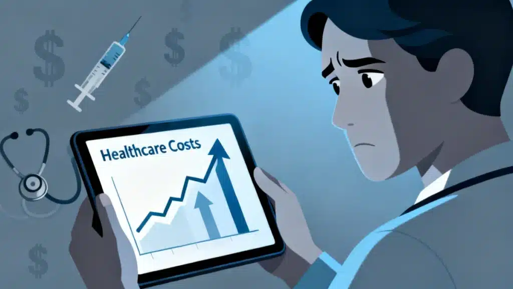 Charts showing rising healthcare costs, a person reviewing financial documents, and a stethoscope, symbolizing financial planning for medical expenses.