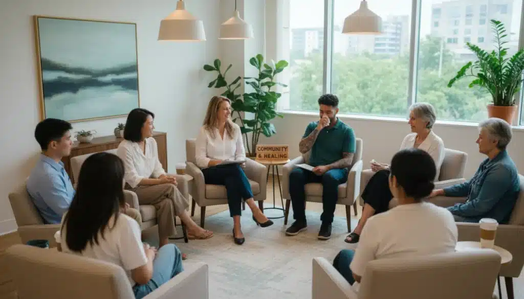 Group therapy session with diverse participants discussing mental health support