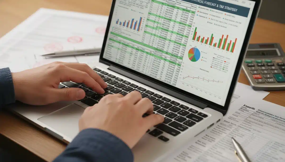 Financial professional analyzing tax implications on a laptop