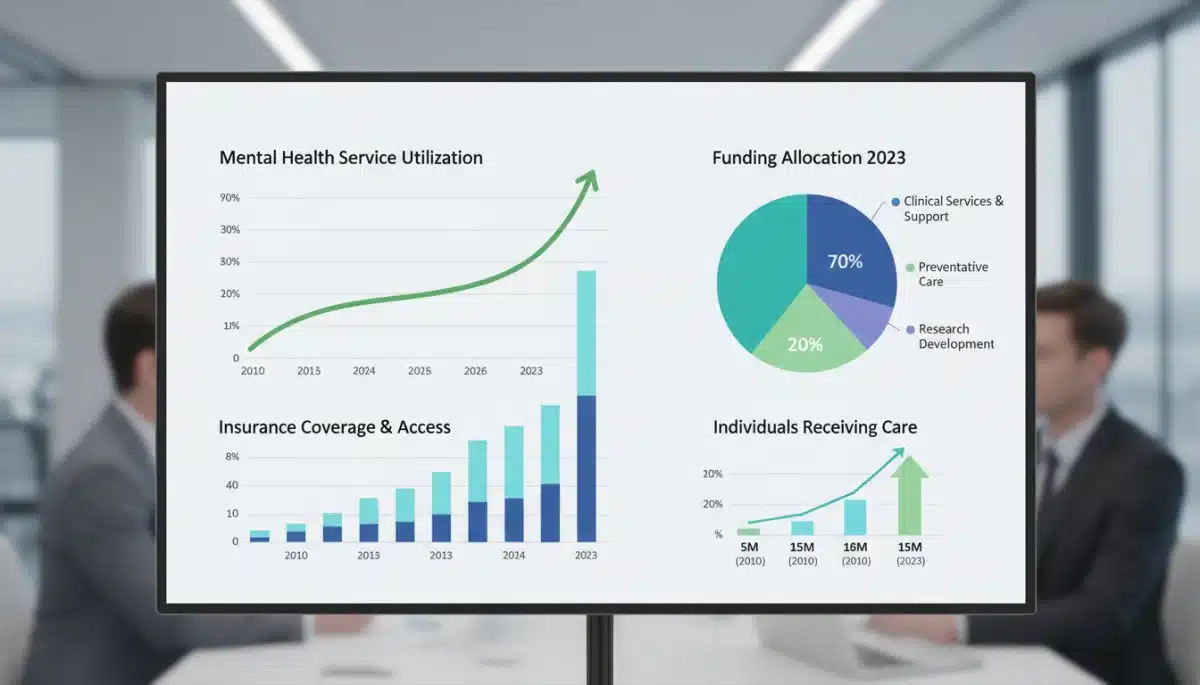 Infographic displaying rising mental health service utilization and coverage trends