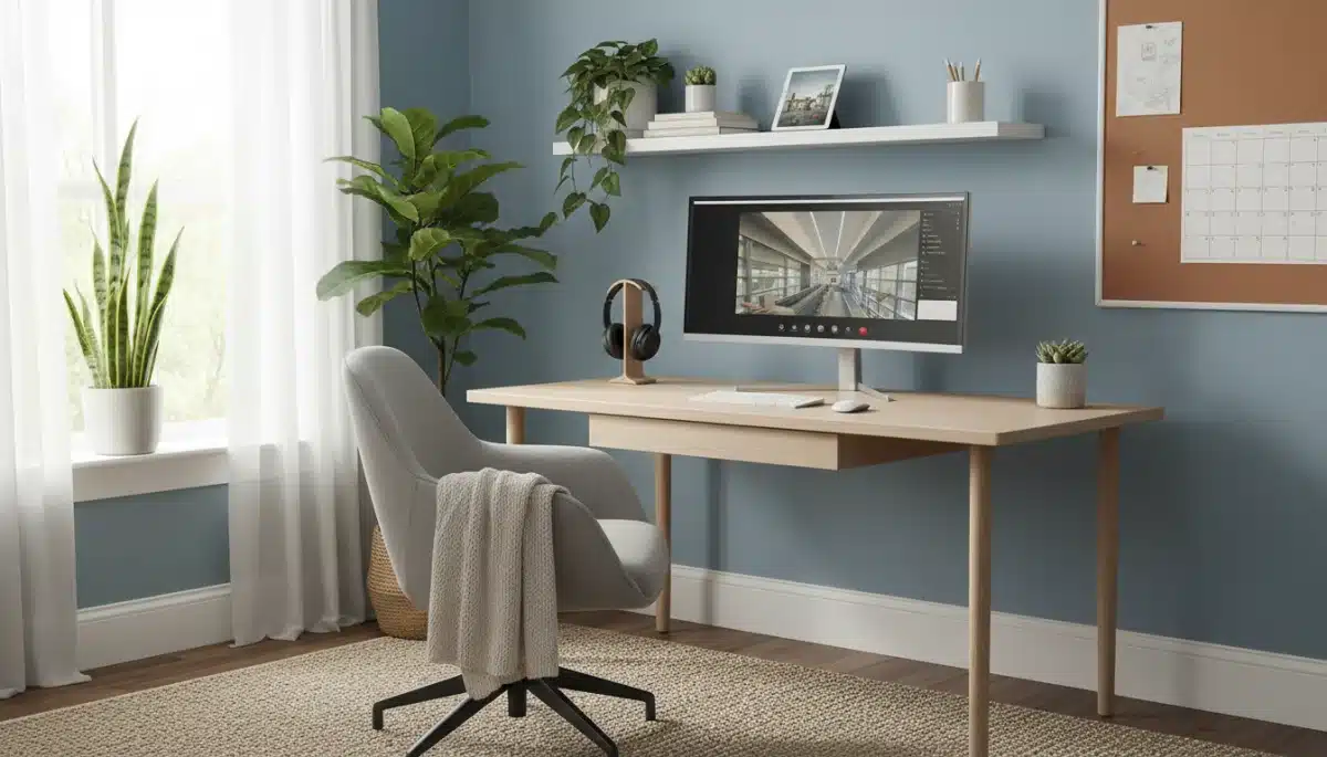 Organized and comfortable home study space with computer and plants.