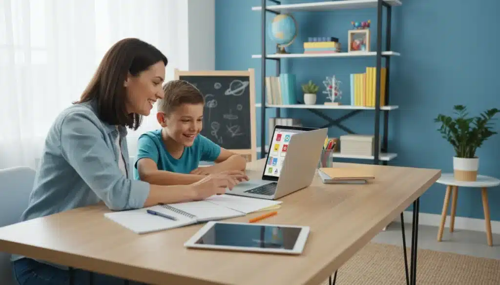 Parent and child happily engaged in remote learning at a home desk with a laptop.