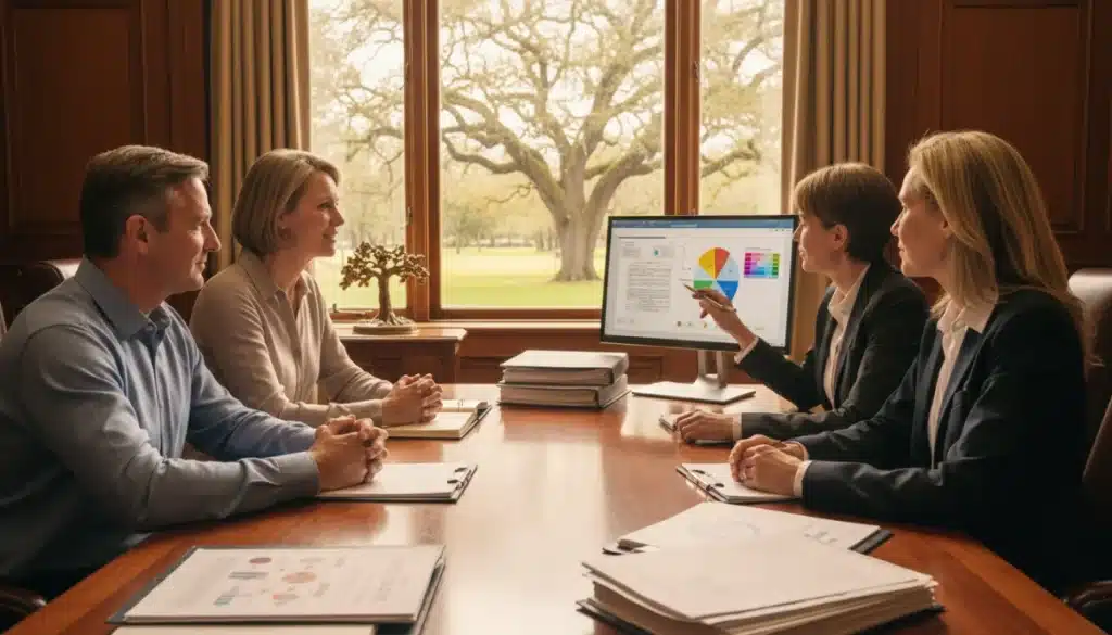 Family reviewing estate planning documents with a financial advisor