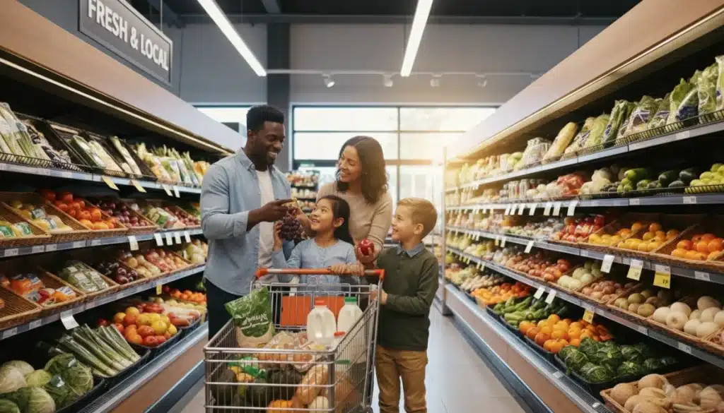 Family happily shopping for groceries with SNAP benefits 2026