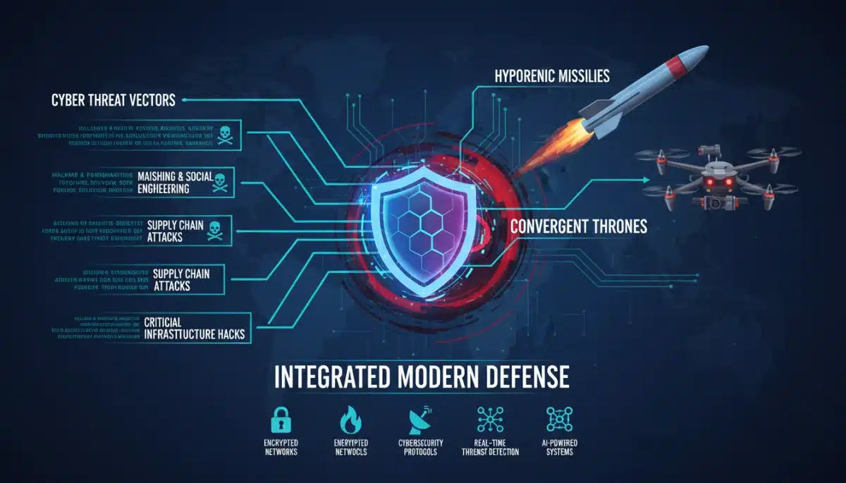 Infographic showing integrated cyber defense and advanced weapon systems