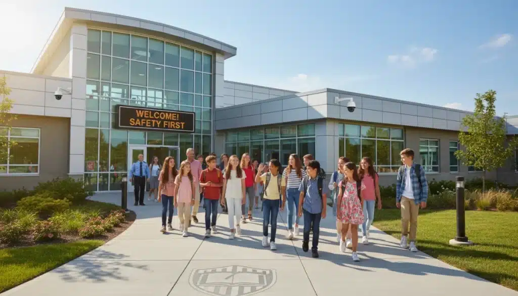 Modern school entrance with enhanced security, students, and parents
