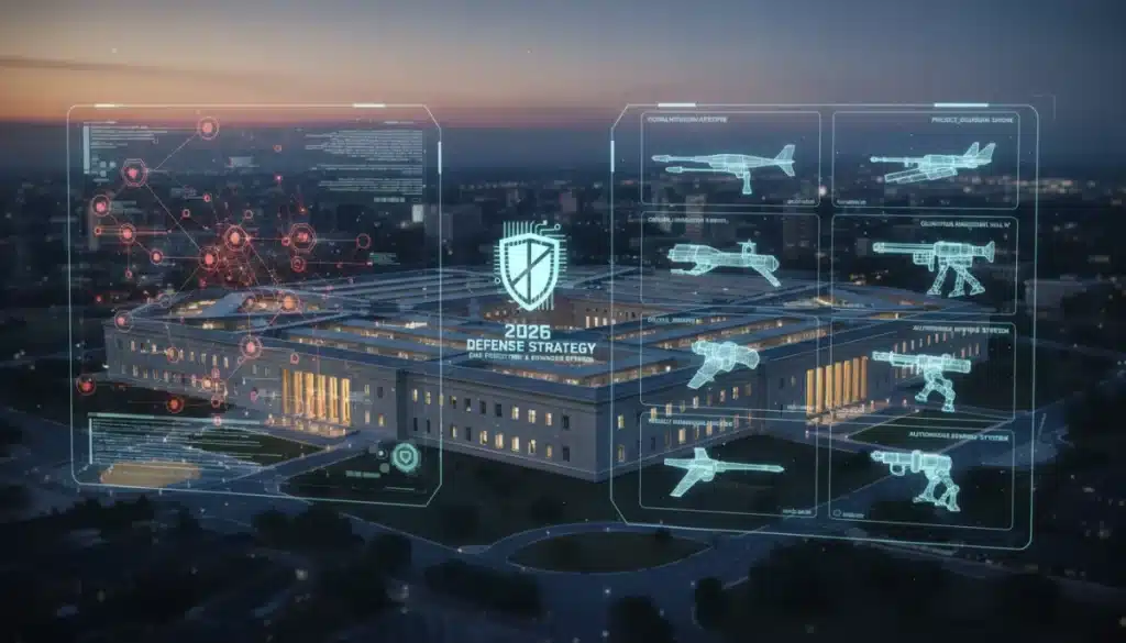 Pentagon building with digital overlay showing cybersecurity and advanced weapon concepts