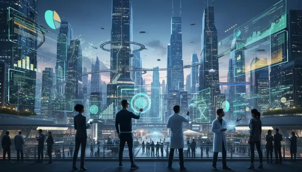 Futuristic cityscape with digital data overlays, symbolizing the dynamic 2026 job market and emerging high-growth sectors.