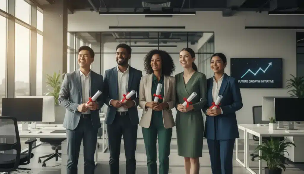 Professionals with master's degrees in a modern office, symbolizing career growth and increased earnings.