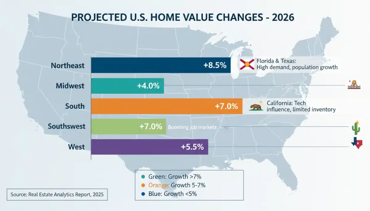 Infographic showing projected regional home value changes across US states for 2026, highlighting market diversity.
