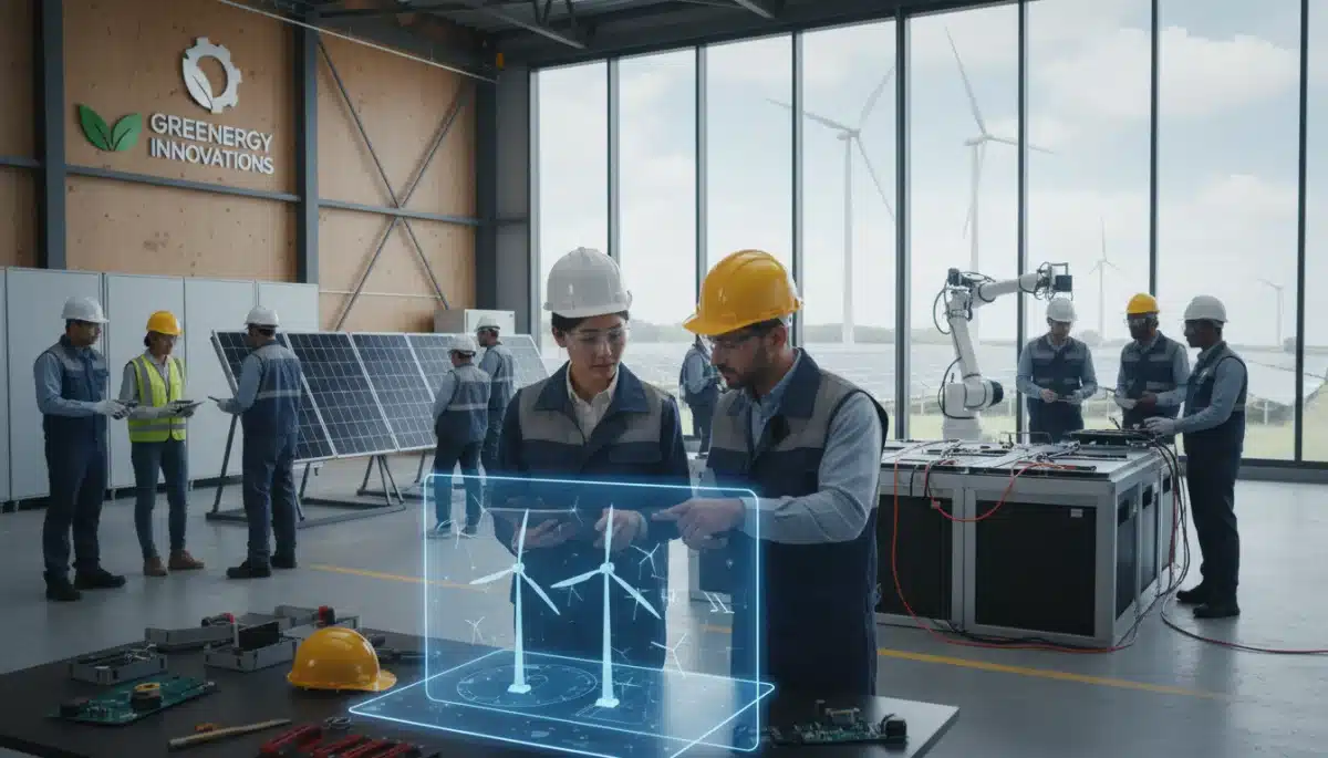 Diverse team collaborating on a renewable energy project, illustrating innovation in a high-growth sector.