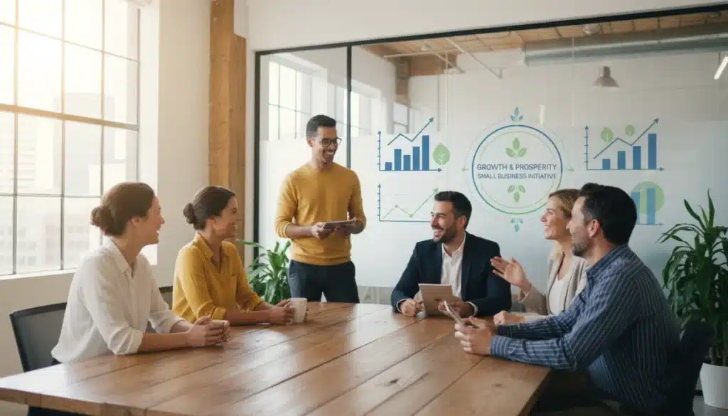 Diverse small business employees collaborating happily in a modern office, symbolizing growth and welfare