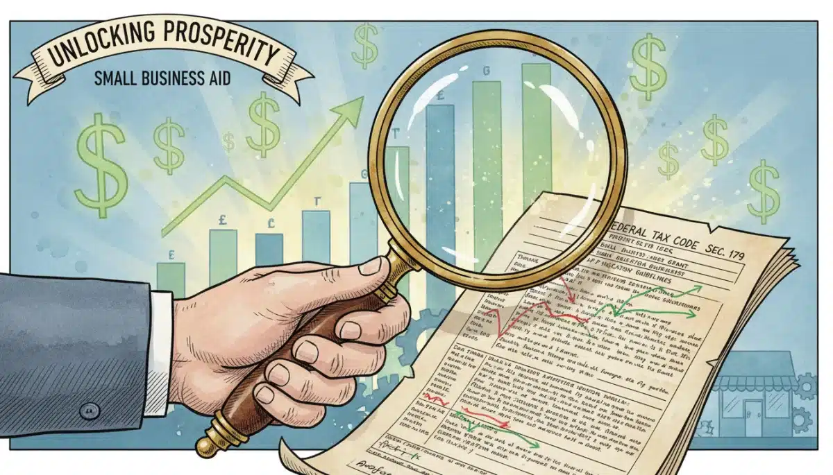 Magnifying glass over tax documents and grant applications, symbolizing financial analysis