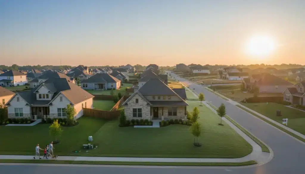 Suburban neighborhood with diverse homes under a morning sky, representing the US real estate market in 2026.
