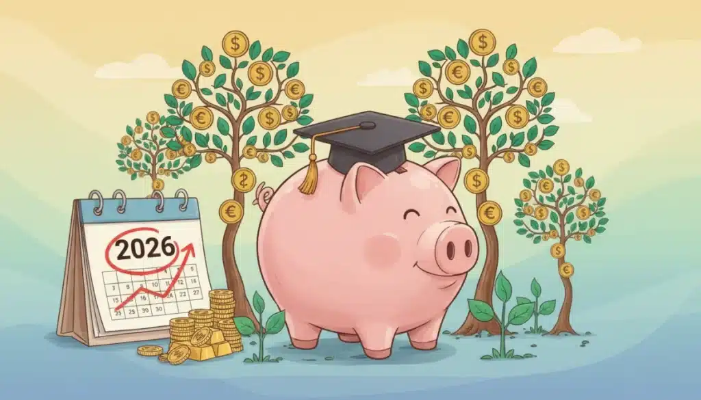 Illustration of a piggy bank with a graduation cap and money trees, representing 2026 retirement savings