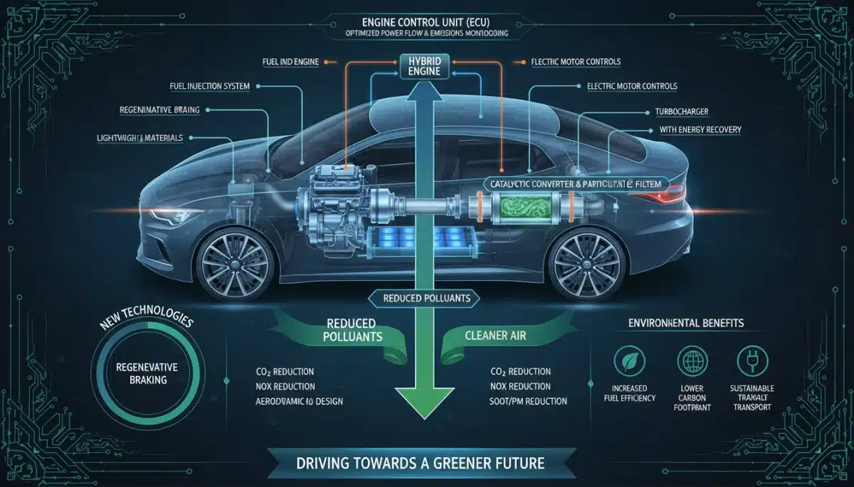 Diagram showing emission reduction technologies in modern vehicles