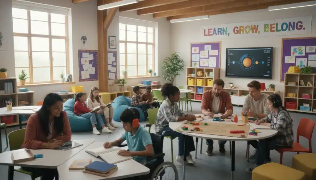 Diverse students and teachers in an inclusive classroom, symbolizing tiered special education support.