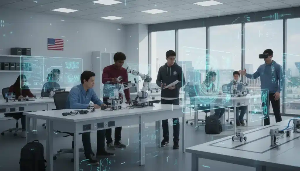Students collaborating on a robotics project in a futuristic STEM lab, highlighting advanced education.