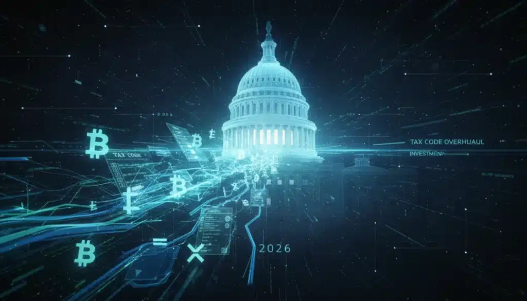 Futuristic digital tax forms and investment symbols for 2026 tax code overhaul