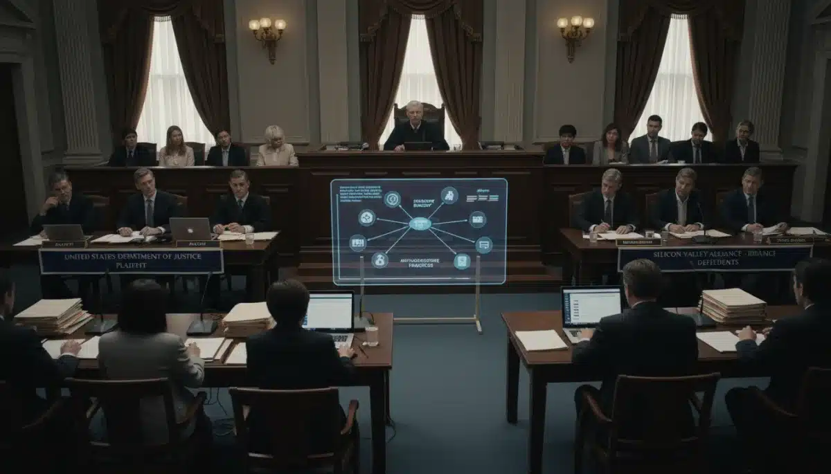 Courtroom scene depicting legal proceedings against large tech companies in an antitrust investigation.
