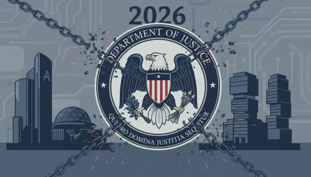 DOJ logo with chains breaking around four tech firm silhouettes, symbolizing 2026 monopoly crackdown.
