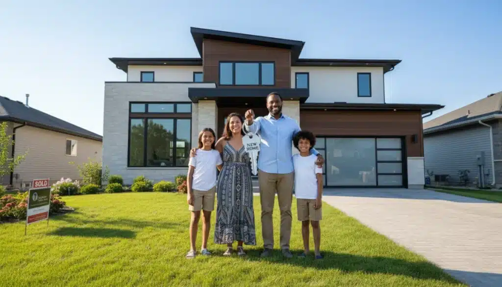 Family celebrating new home in 2026 with keys and smiles